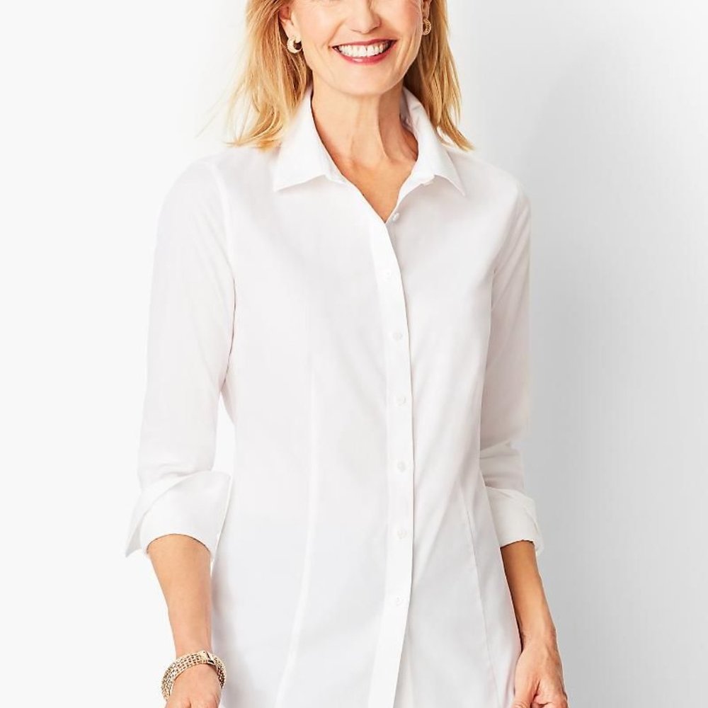 Talbots low-iron fitted white cotton blend stretch blouse, cuffed sleeves, sz 6